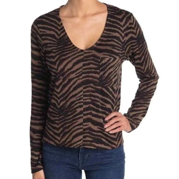 Sanctuary V-Neck Pocket Pullover Sweater Top XL/Extra Large in Tiger Stripe NWT - Picture 2 of 6